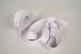 A445UN Pink and blue checkered fabric ribbon 25mm x 10m