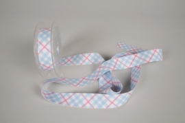 A453UN Blue and pink geometric fabric ribbon 25mm x 10m