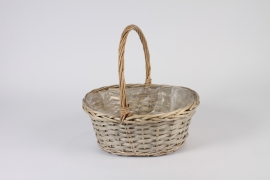 A586NM Grey wicker basket planter with handle 31x25cm H14cm