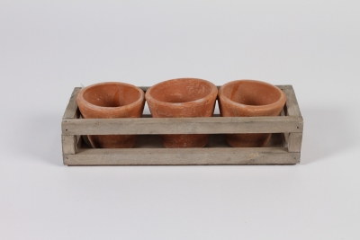 A697HX Cagette en bois et 3 pots en terre cuite