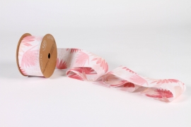 B007UN Ruban tissu blanc et rose motif fleur 63mm x 10m
