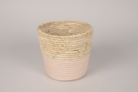 B147DQ Cache-pot en jonc naturel et rose D18cm H17.5cm