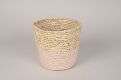 B147DQ Natural and pink seagrass planter D18cm H17.5cm