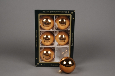 X250T1 Box of 6 shiny pinky copper glass balls diameter 6cm