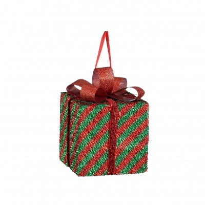 DQ-000743 Cadeau paillet� rouge et vert 10x10cm H10cm