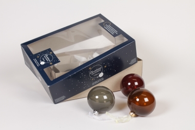 KI-000313 Boite de 6 boules en verre fum� assorties D8cm