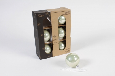 KI-000457 Bo�te de 6 boules en verre brillant ivoire D6cm