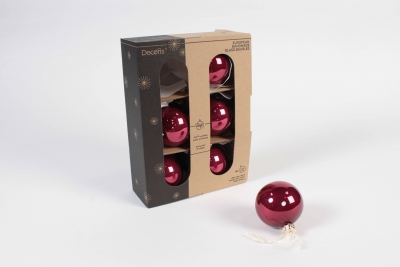 KI-000460 Bo�te de 6 boules en verre brillant framboise D6cm