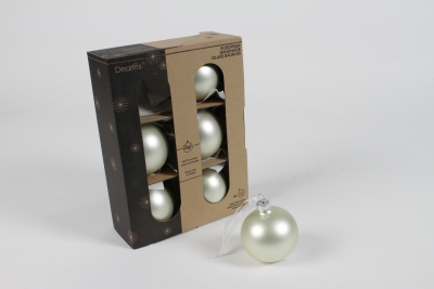KI-000569 Boite de 6 boules en verre blanc gris� mat D6cm