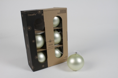 KI-000570 Boite de 6 boules verre blanc gris� mat D8cm