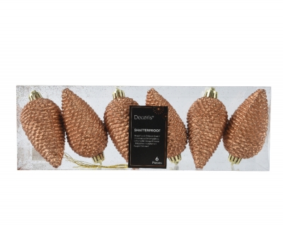 KI-000592 Box of 6 shiny copper plastic pine cones D4.5cm H8cm
