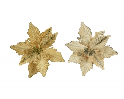 KI-000652 Poinsettia artificiel sur clip en velours or assorti D24cm