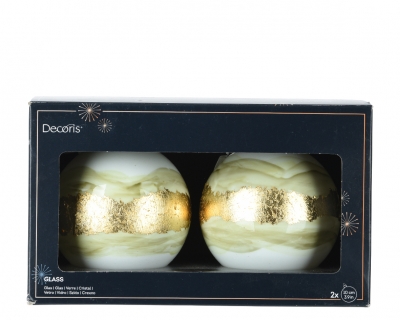 KI-000682 Box of 2 white glass balls with gold line D10cm