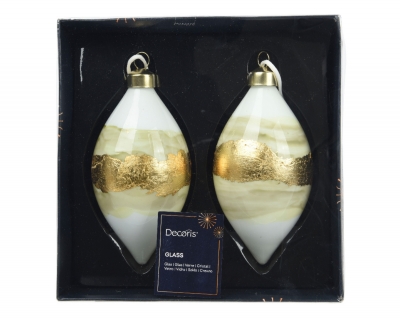 KI-000683 Box of 3 white glass balls with gold line H11cm