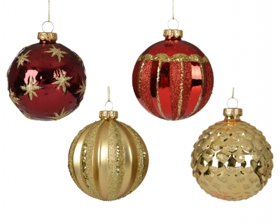 KI-000737 Boite de 12 boules en verre rouge ou or assorties D8cm