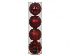 KI-000835 Bo&icirc;te de 4 boules en plastique rouge assorties D14cm