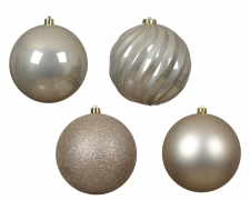 KI-000836 Bo&icirc;te de 4 boules en plastique champagne assorties D14cm