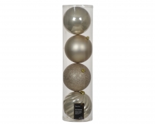 KI-000836 Bo&icirc;te de 4 boules en plastique champagne assorties D14cm