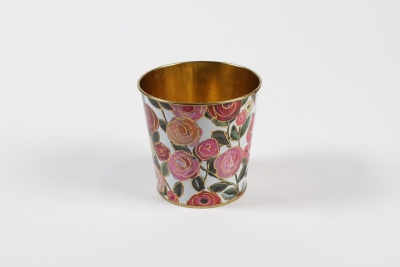 MH-000021 White zinc plant pot with roses D9.8cm H8.5cm