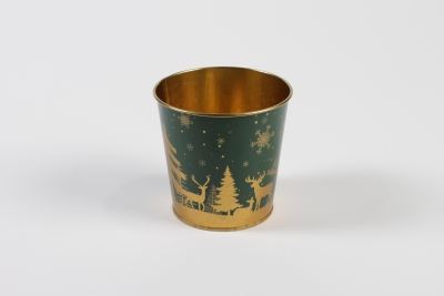 MH-000024 Cache-pot en zinc vert or No�l D9,8cm H8,5cm