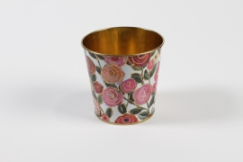 MH-000031 White zinc plant pot with roses D11,4cm H10,6cm