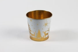MH-000032 Cache-pot en zinc blanc or Noël D11,4cm H10,6cm