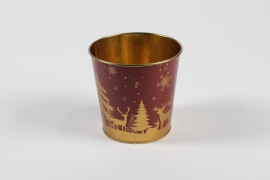 MH-000033 Cache-pot en zinc bordeaux or No&euml;l D11,4cm H10,6cm