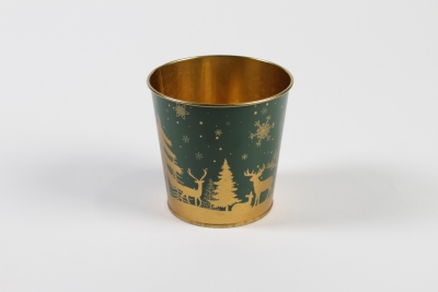 MH-000034 Cache-pot en zinc vert or No�l D11,4cm H10,6cm
