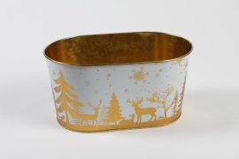 MH-000044 Jardinière en zinc blanc or Noël 22,5x13,7cm H11,3cm