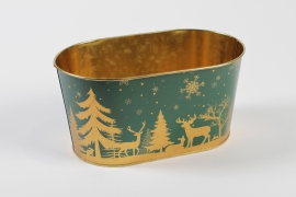 MH-000046 Christmas Gold Green Zinc Planter 22.5x13.7cm H11.3cm