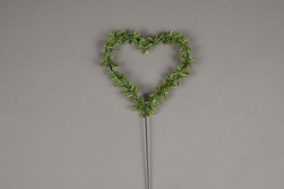 x028ga Sachet de 6 pics coeur avec feuillage vert D11cm