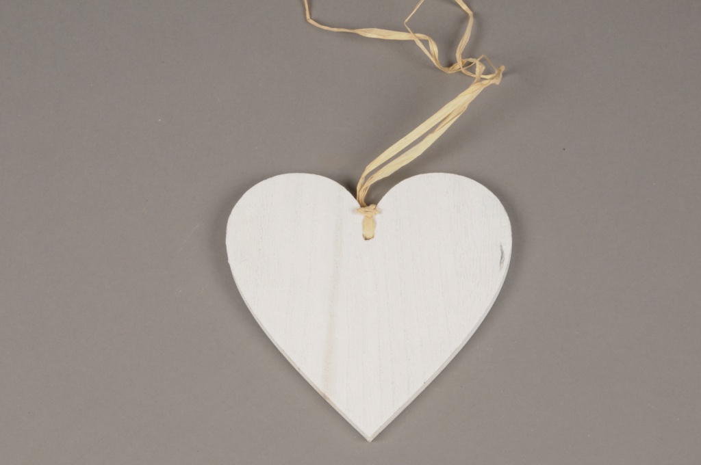 Set of 6 white wooden heart hanging D15cm