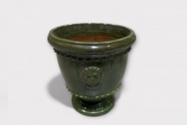 UH-000017 Pot anduze tête de lion en céramique vert olive brillant D40cm H43cm