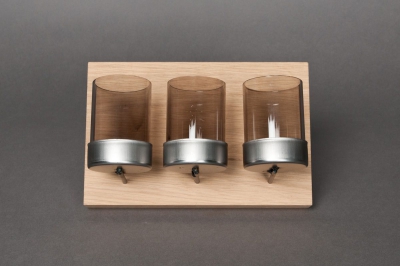 Wooden support with 3 glass candles jar L15cm