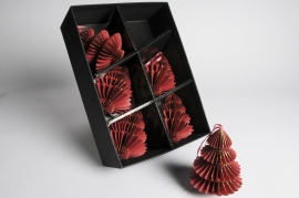 X006F1 Boîte de 6 sapins de Noël en papier rouge H14cm