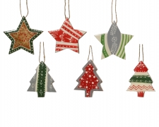 X011KI Assorted suspended red and green wooden star and pine trees H8cm