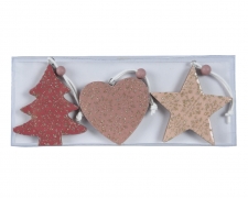 X012KI Assorted suspended pink glittered wooden decoration H8cm
