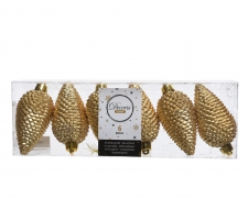 X160KI Box of 6 gold pine cones hanging H8cm