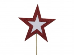 X221X4 Box of 8 stars on stick on red glitter D10cm