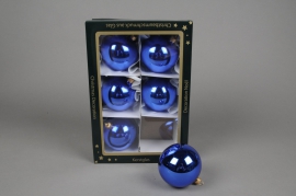 X255T1 Box of 6 shiny blue glass balls diameter 8cm