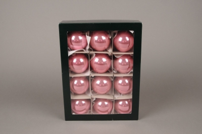 X288T1 Bo�te de 12 boules en verre brillant rose D6cm