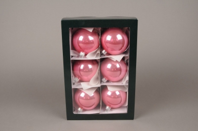 X289T1 Bo�te de 6 boules en verre brillant rose D8cm