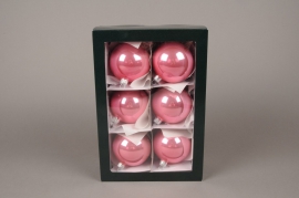 X289T1 Boîte de 6 boules en verre brillant rose D8cm
