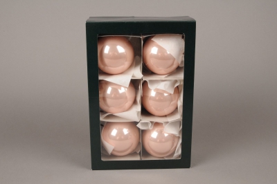 X305T1 Boite 6 boules en verre brillant rose poudr� diam�tre 8cm