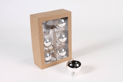 X406T1 Bo�te de 6 boules en verre brillant argent D6cm