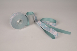 X559UN Ruban tissu turquoise motif floral 25mm x 15m