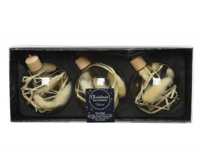 X672KI Bo�te de 3 boules en verre fleurs s�ch�es D8cm