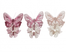 X744KI Assorted set of 3 pink glittered polyester butterflies 14x11cm