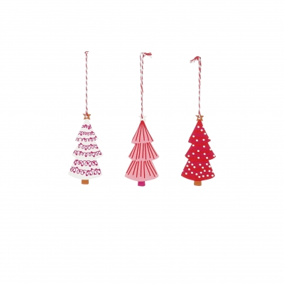 X823DQ Sapin en bois rouge et rose � suspendre assorti H11cm