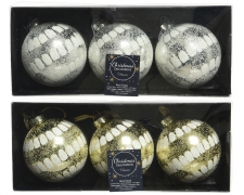 X995KI Boîte de 3 boules en verre avec motif assorti D8cm